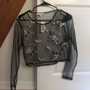 See through mesh embroiders crop top